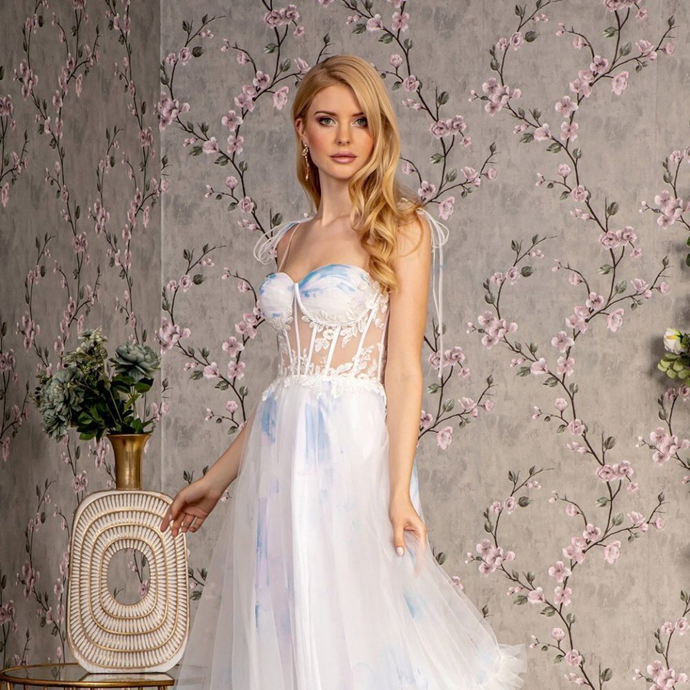 NEW LONG A-LINE SLEEVELESS BEADED DRESS WITH TIED STRAPS AND SHEER BODICE GL3208
